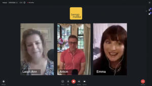 Three participants recording a podcast on zoom. 