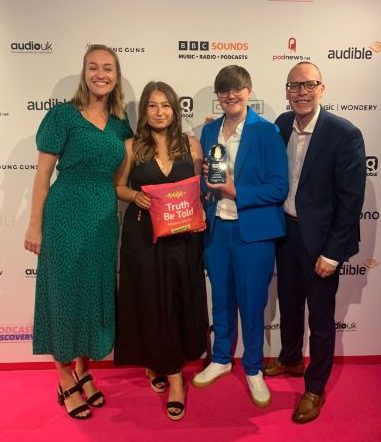 Truth Be Told Adoption Stories wins silver at the the 2023 British Podcast Awards. Georgie Kemp Walker, Georgia Watts, Ellie-Rose, Steve Austins